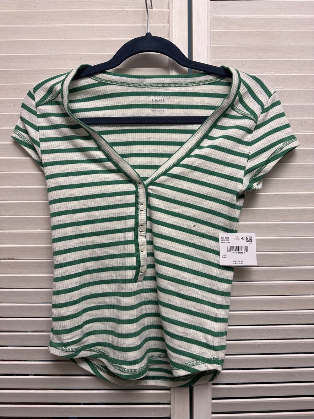 American Eagle Outfitters Green and White Striped Henley Tee